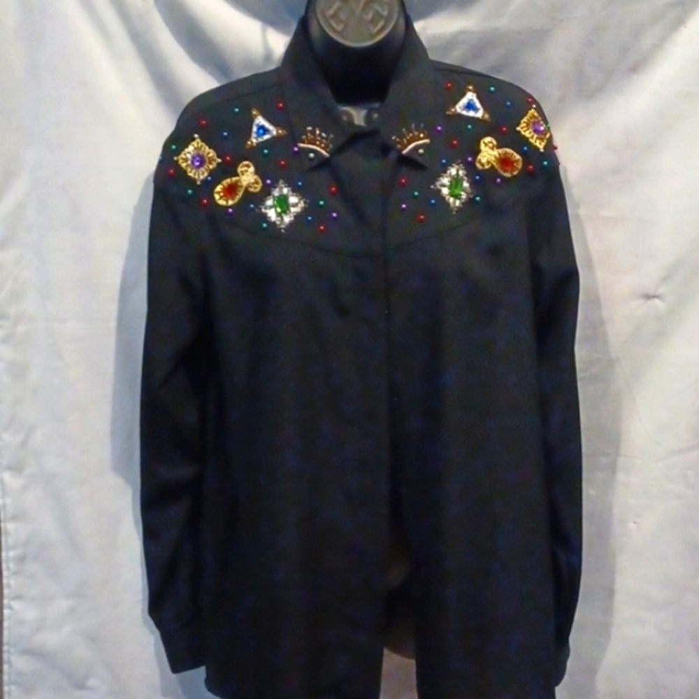 Vintage Gantos Women's Black Blouse With Metallic Beaded Embroidery Size Medium
